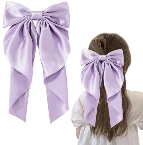 FEXPDL Hair Bow Purple Big Hair Bows for Women, Solid Color Bow Hair Clips with Long Ribbon, Soft Satin Silky Bow Hair Clip French Purple Hair Bows Cute Gifts for Women Girls (Purple)