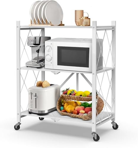 FuGuiB Klappregal,Faltregal,Regal Klappbar,Faltbares Regal,Regal Mit Rollen,Regal Auf Rollen,Metallregal,Regal KüChe (Weiß, 3-Schicht)