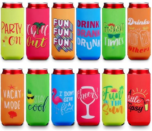 Tatuo 12 Packs Scalloped Can Cooler Sleeve Funny Beer Can Cooler Covers Beach Themed Beer Sleeve Insulated Neoprene for Beverages Bottles(Stylish Colors,3.54 x 6.3 Inch)