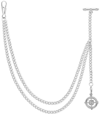 ManChDa Taschenuhr Kette - Kette Taschenuhr für Herren mit Kompass Anhänger - Taschenuhr und Kette, Albert Kette Fob T Bar Curb Link T-Bar Kette 2 Haken Antik für Herren | Silber