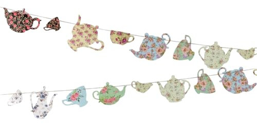 Tea Party Bunting Banner, Vintage Decorations, Hanging Teapot Floral Banner Garland, Afternoon Tea Accessories for Girls Party, Wedding, Alice in Wonderland Decorations(2.5M)