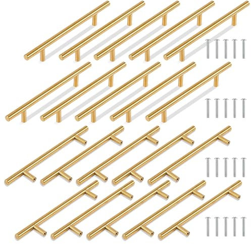TRIXES 20PK Gold Cabinet Handles Gold Stainless Steel T Bar Pulls Cupboard Handles Drawer Pulls for Kitchen - Length 200mm