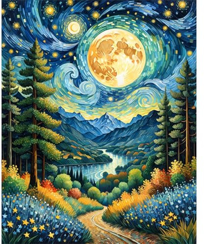 JATOK Malen Nach Zahlen Erwachsene, Paint by Numbers Malen Nach Zahlen, DIY Mondstraße mit Pinseln und Acrylfarben Handgemalt Ölgemälde Leinwand für Home Decor, Ohne Rahmen (40x50cm)