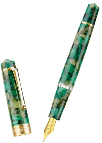 Asvine P20 Piston Fountain Pen Extra Fine Point, Green Marble Acrylic Gold Trim Smooth Writer Collection with Case Set