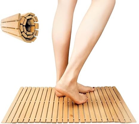 ADEPTNA Wooden Duck Board Bath Mat FSC® Certified Acacia Wood Non-Slip - Luxury Rectangular Slatted Design for Bathroom, Shower, Spa, Sauna - 60cm x 40cm Waterproof Floor Decor