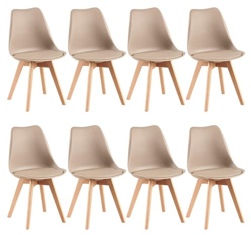 EGGREE Lot de 8 Chaise Salle à Manger Scandinaves SGS Tested Chaise Rembourrée de Cuisine, Rétro Chaise de Bureau avec Pieds en Bois de Hêtre Massif, Kaki Clair