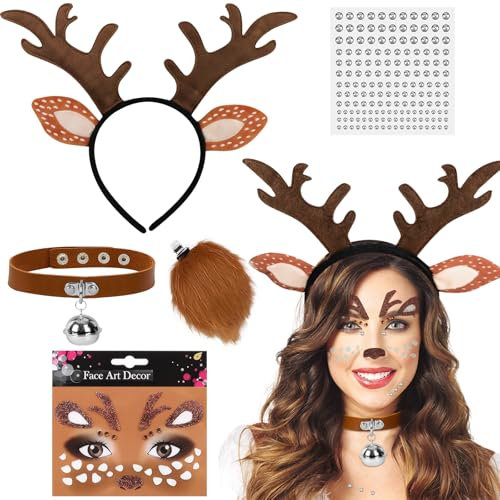 Deguisement Renne Serre Tete Renne Femme Fille, 5 Pièces Renne de Noel Deguisement Set,Serre Tête de Bois,Queue de Cerf,Collier Cloche,Tatouage Visage pour Noel,Halloween,Pâques,Carnaval Cosplay