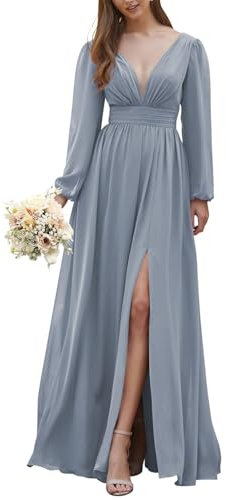 YIANN Chiffon Dusty Blue Bridesmaid Dress for Wedding Party V Neck Long Sleeve Formal Dresses with Slit UK10