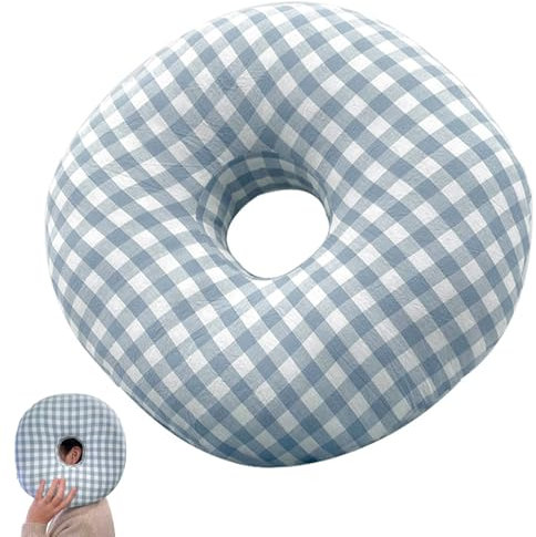 FEADBYT Piercing Kissen mit Loch, Donut Kissen, Piercing Pillow, Baumwoll Kopfkissen, Schlafring zur Linderung von Ohrenschmerzen für Seitenschläfer, Blaues Karo
