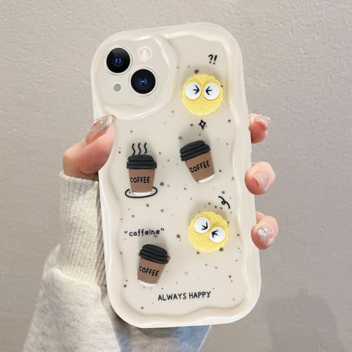 Kueqeay Handyhülle für iPhone 13 hülle 6,1'', Aesthetic 3D Weiß Cute Puppe Kaffeefarbe Muster Design Lockige Wellen Rahmenform Weiche TPU Stoßfest Kameraschutz Schutzhülle Bumper Case, 02