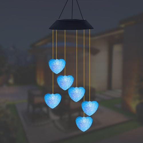 Solar Windspiele für Draußen, Wasserdicht Solar Gartenleuchten, Solarbetriebenes Hängend Deko, Farbwechsel LED Windspiel, Libelle Licht für Garten Baum Balkon Hof Hochzeit Dekorationen(Herz)