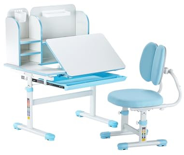 VEVOR Schreibtisch Kinderschreibtisch Arbeitstisch und Stuhl höhenverstellbarer (54-73 cm) belastbarer (100 kg) 0–40° neigbarer Tisch mit Bücherregal für Schlafzimmer Arbeitszimmer Schule Blau