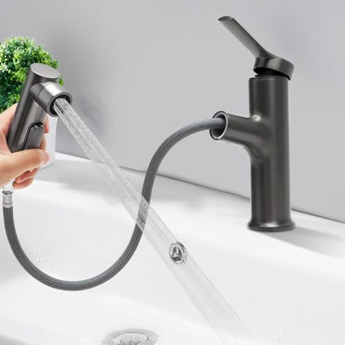 Wasserhahn Bad Ausziehbar, Hochdruck Waschtischarmatur mit Herausziehbarer Brause, Armatur Badezimmer, Einhebelmischer Wasserhahn Ausziehbar mit 3 Wasserstrahlarten Brause für Badezimmer (Gebürstet)