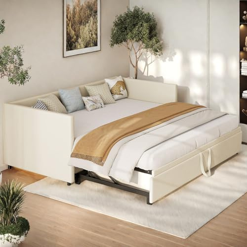 ZHDOKA Schlafsofa ausziehbar 90/180x200cm,2-Sitzer-Sofa mit Lattenrost,Polsterbett Tagesbett multifunktional,Tagesbett Ausziehbar gepolstert,für 2 Personen,aus Samt,für Schlafzimmer,Wohnzimmer,Beige
