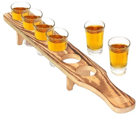 Tequila Schnapsglashalter – Schnapsgläser Bulk Serviertablett | Tequila Tablett aus Holz | 6 Weine | auslaufsicheres Glas | Geschenk für Whiskey Wodka Spirit Li