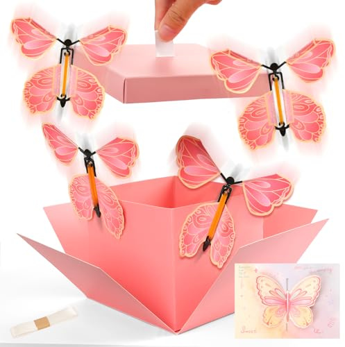Fliegende Schmetterlinge Explosionbox DIY Überraschungsbox mit Grußkarte 15x14,8x12,5cm Surprise Box Perfekt für Geburtstag, Valentinstag, Weihnachten, Muttertag, Abschlussfeier (Rosa)