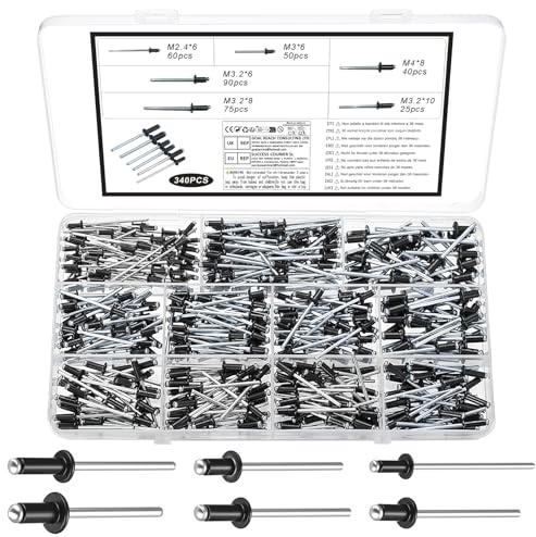 340 Pcs Pop Rivets Assortment Kit, Aluminum Blind Rivet Assortment, Pop Blind Rivets for Metal, Furniture, Car, Ships, Marine Construction(Black, M2.4 M3 M3.2 M4)