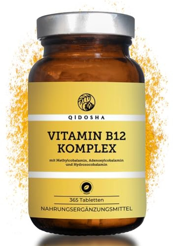 QIDOSHA® Vitamin B12 Komplex hochdosiert, 500mcg je Tablette, 365 Stk im Apothekerglas, mit den drei Vitamin B12-Formen Methylcobalamin, Adenosylcobalamin & Hydroxocobalamin, jede Charge laborgeprüft