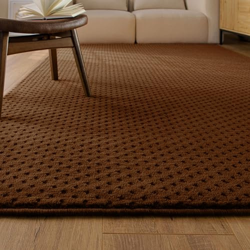 Wecon Home Kurzflor-Teppich aus Schurwolle – gewebt, Hoch-Tief-Streifen-Effekt, – modern & gemütlich für Wohnzimmer, Schlafzimmer & Flur - Castello Three (140 x 200 cm, braun)