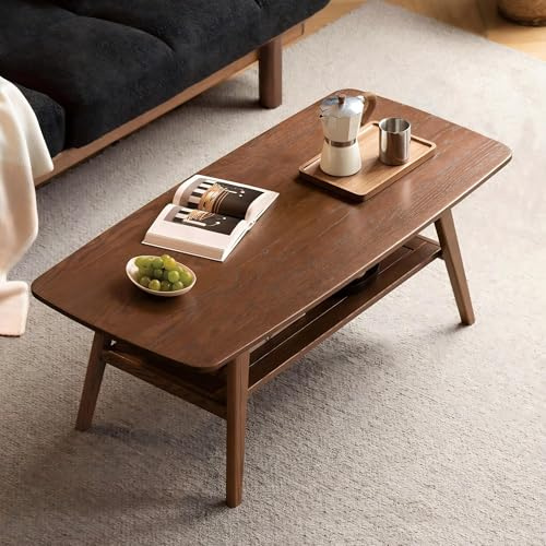 YESWOOD Couchtisch aus Massivholz Eiche, Wohnzimmertisch mit 2 Ebenen & Stauraum, Sofatisch für Wohnzimmer, 80 x 50 x 44 cm, Nussbaumfarben