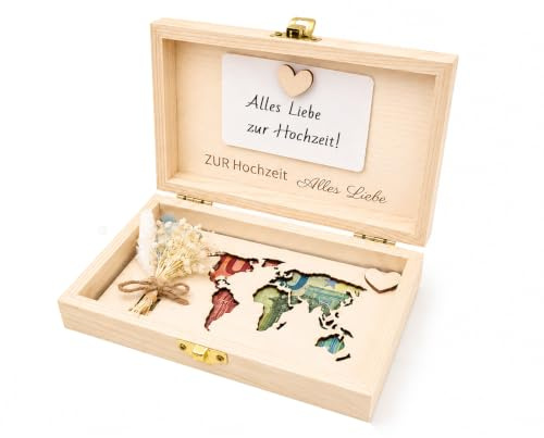 Geldgeschenk Hochzeit Weltkarte aus Holz – Hochzeitsgeschenk für Brautpaar – Stilvolle Geldgeschenk Verpackung mit Hochzeitskarte & Erinnerungsfunktion – Geschenk zur Hochzeit