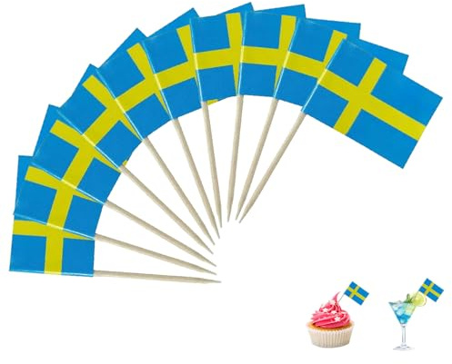 100 Stück Flaggen Spieße Schweden Deko,Schweden Flagge Zahnstocher,Schwedische Deko Mini Cupcake Topper,Schweden Cocktail Stick Flaggen,Zahnstochers mit Fähnchen für Fußball EM WM Party Pub Tischdeko