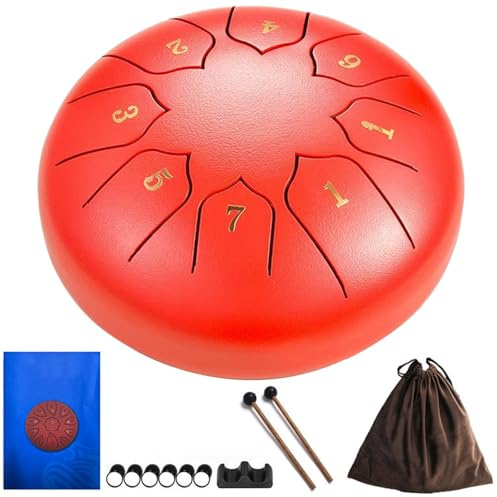 Zungentrommel 4/6 Zoll 8/9/11 Töne, Tongue Drum Hand Pan Drums Für Erwachsene 440hz, C-Dur Handpan Musikinstrument Mit Liederbuch, Schlägeln Und Tragetasche, Malachit-Grün(Rot,4 inch 9 Note)