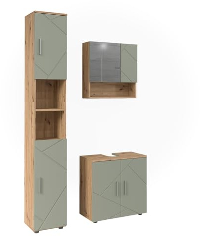 Vicco Badmöbel-Set Irma, Salbeigrün, 60 cm | besteht aus Waschbeckenunterschrank, Spiegelschrank und Hochschrank