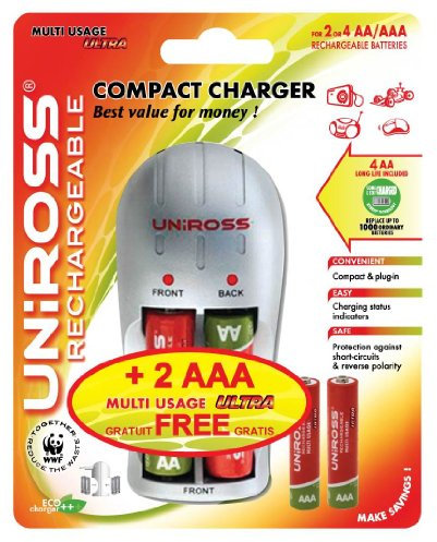 Uniross Compact Chargeur de Piles Rechargeables + 4 AA MU Ultra + 2 AAA Multi-usage + Ultra Gratuite