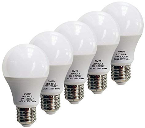 OMTO E26/E27 A19 LED Frosted Light Bulb 9W (60W Equivalent) Warm White (3000K) 85-265V (Warm White, 5pcs)