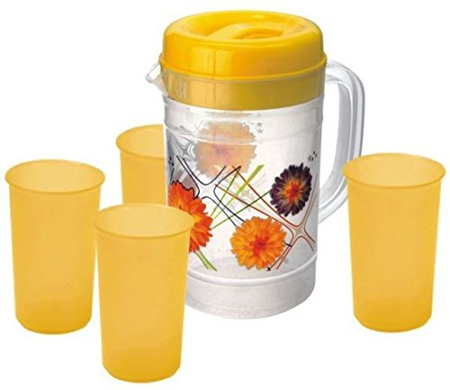 Jug Set with 4 Water Juice Glasses BBQ Picnic Pitcher Party Tumblers New (Yellow)