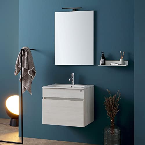 Kiamami Valentina - Mobile Bagno Sospeso | Cassetto Spazioso | Finitura Promenade | Ideale per Bagni Piccoli | Mobile Salvaspazio | Lavabo Stile Industriale, Promenade, 60CM Lavabo Bianco, Rovere