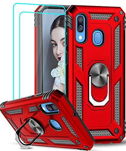 LeYi Coque pour Samsung Galaxy A40 [2 Pcs D'écran Verre Trempé] Anneau Support, Militaire Double Couche Renforcée Défense Bumper TPU Silicone Antichoc Armure Protection Housse Etui Samsung A40 Rouge
