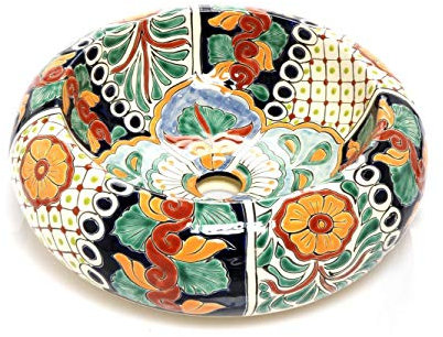 Amara - Mexikanische Rund Aufsatzwaschbecken | 40 cm Keramik Talavera Waschbecken aus Mexiko | Buntes Deko motiven | Ideal badezimmer mit holz optik fliesen, zementfliesen, rustikal unterschrank