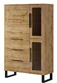 Furniture24 Vitrine Halle 12 Wohnzimmerschrank, Standvitrine,Schrank, Vitrinenschrank mit 3 Türen und 3 Schubladen in Wotan Eiche Dekor