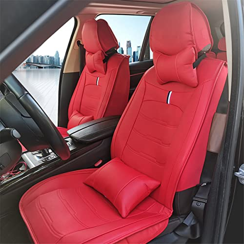 Muchkey Leder Auto Sitzbezüge für Dacia Sandero Stepway 5 Sitze Autositzbezüge mit Kopfstütze Nackenkissen & Rückenkissen Autositze Farbe Rot