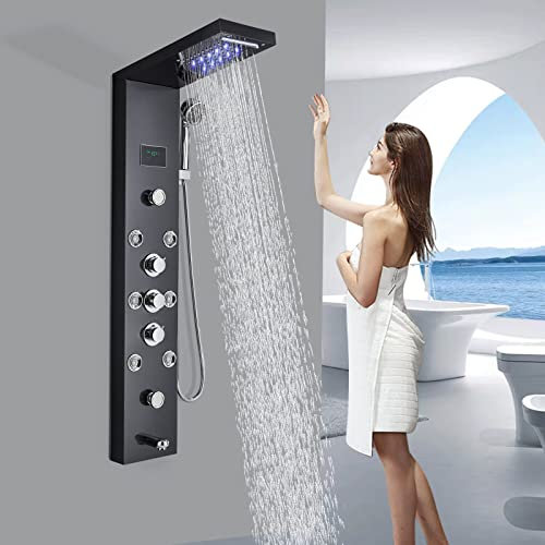 Zamery LED Shower Panel Tower Shower Column with LED Water Temperature Display Top Shower Hand Shower Massage Jets and Tub Spout 5 Function Wall Mounted Black Shower Set in Stainless Steel…