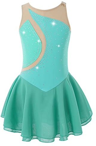 iEFiEL Mädchen Eiskunstlauf Kleid Glitzer Ballettkleid Ärmellos Ballettanzug Ballett Trikot Body mit Strass Wettbewerb Kostüm Gymnastikanzug Y Grün 134-140