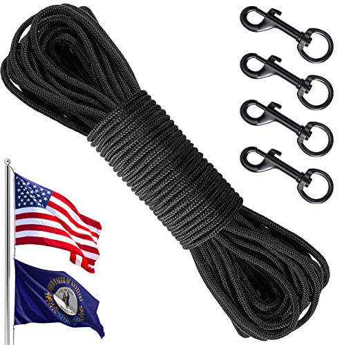Flag Rope and Clips Kit - 100ft Flag Pole Rope Halyard with Cleat Hook & 4 Pcs Swivel Snap Clips for Flagpoles Up to 50ft, Outdoor Porch Flagpoles Repair Replacement Parts Accessories