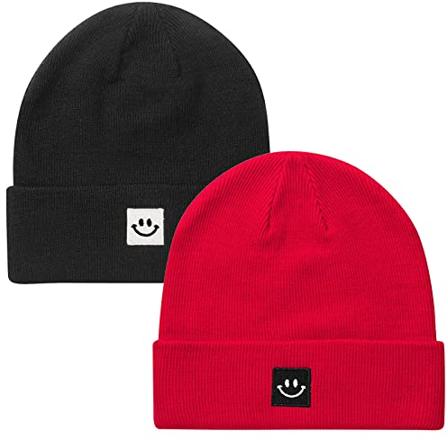 Paladoo Strickmütze mit lächelndem Gesicht, 2er-Pack, Schwarz/Rot, Einheitsgröße