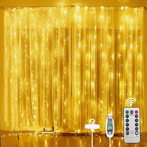 Vicloon Tenda Luci LED, 3X3M 300 LED Natale Tenda Luci, LED Tenda Luminosa Impermeabile, Tenda Luminosa Natale con 8 Modalità, Telecomando e USB, per Natale, Camera da Letto, Giardino, Bianco Caldo