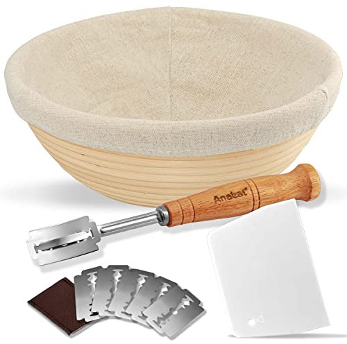 Anaeat 25 cm Brot-Banneton-Gärkorb-Set – runder Sauerteig-Gärkorb aus 100% natürlichem Rattan mit Lahmbrot, Teigschaber und Leineneinlage für professionelle Bäcker und Heimbäcker