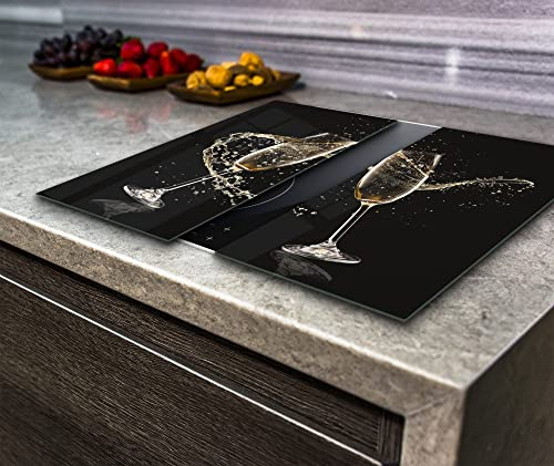 Hob Cover Chopping Board, Toughened Glass, Glasses of Champagne, Va Art Glass (2X Wide 30 x Height 52/cm)