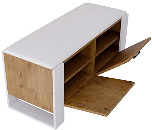 MRBLS Schuhschrank mit Sitzbank - Modernes Design & Robuste Qualität – Schuhregal Geschlossen Schuhbank Garderobenbank mit Sitzfläche Sitzpolster – erhältlich in 6 Farben (Retro Eiche - Weiß Matt)
