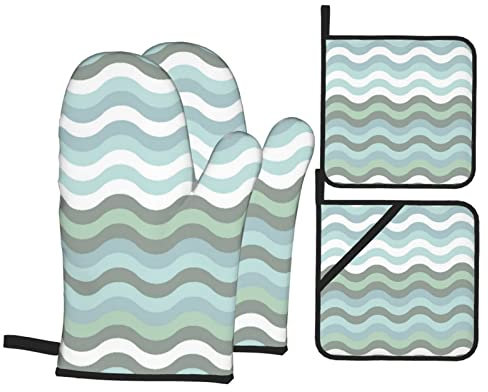 Ofenhandschuhe und Topflappen, 4er-Set, Mint Chevron Green Wave Stripes, Ofenhandschuhe, hitzebeständige Ofenhandschuhe, Set, Topflappen zum Backen, Grillen in der Küche