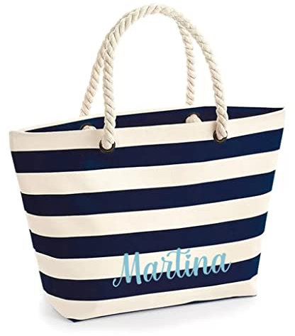Caribu design Borsa Donna Ragazza Primaverile/Estiva Personalizzata con Nome o Iniziali - Tote Bag Spiaggia Mare Grande Stampa a Righe Manici in Corda da portare a Mano o Tracolla (Blu/Panna)