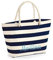 Caribu design Borsa Donna Ragazza Primaverile/Estiva Personalizzata con Nome o Iniziali - Tote Bag Spiaggia Mare Grande Stampa a Righe Manici in Corda da portare a Mano o Tracolla (Blu/Panna)
