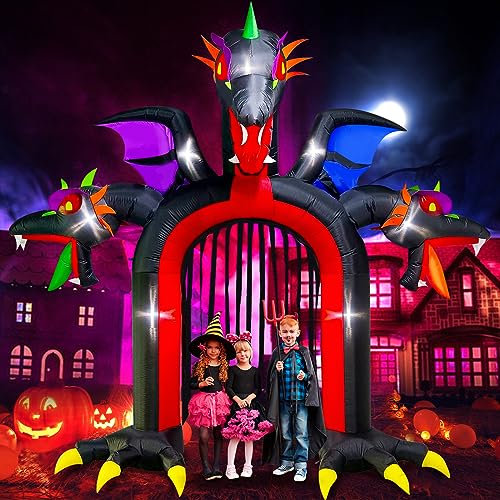 9,5 Fuß Hoher Aufblasbarer Halloween Drachenbogen, Kalolary Aufblasbares Dreiköpfiges Drachentor Große Halloween Außen Innendekorationen Urlaub Hof Rasen Aufblasbare für Zuhause Familie Partyzubehör