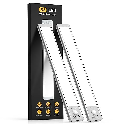 Under Cabinet Lighting, 14.7 Rechargeable Motion Sensor Light Indoor, 2 Pack Magnetic Dimmable Closet Lights, Wireless Under Counter Lights for Kitchen, Stairs,Hallway