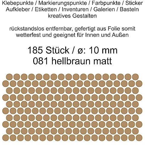 Aufkleber Etiketten Klebepunkte aus Folie 185 Stück braun hellbraun matt rund 10 mm selbstklebend farbig wetterfest Decal Markierungen Organisieren DIY basteln verzieren Modellbau Scrapbooking